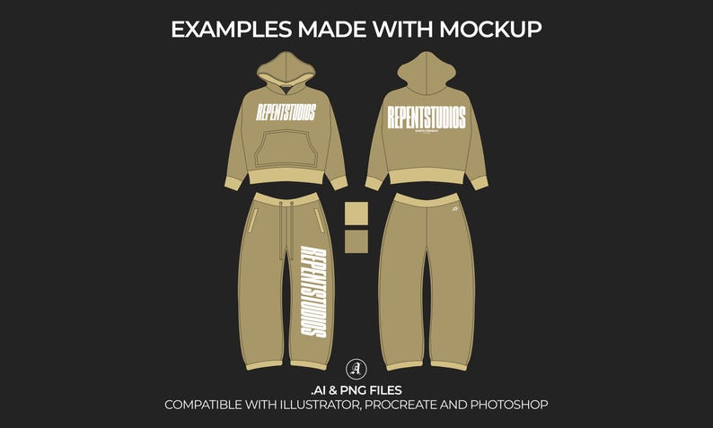 May include: A mockup of a beige hoodie and matching sweatpants with the text "REPENTSTUDIOS" printed on the front. The hoodie has a drawstring hood and a kangaroo pocket. The sweatpants have a drawstring waistband and side pockets.