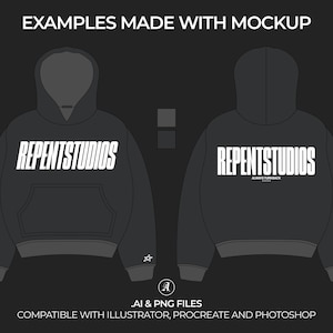 Puede incluir: Una maqueta de sudadera con capucha negra con el texto "REPENTSTUDIOS" en blanco en la parte delantera y trasera. La sudadera tiene una capucha con cord&oacute;n y un bolsillo canguro.