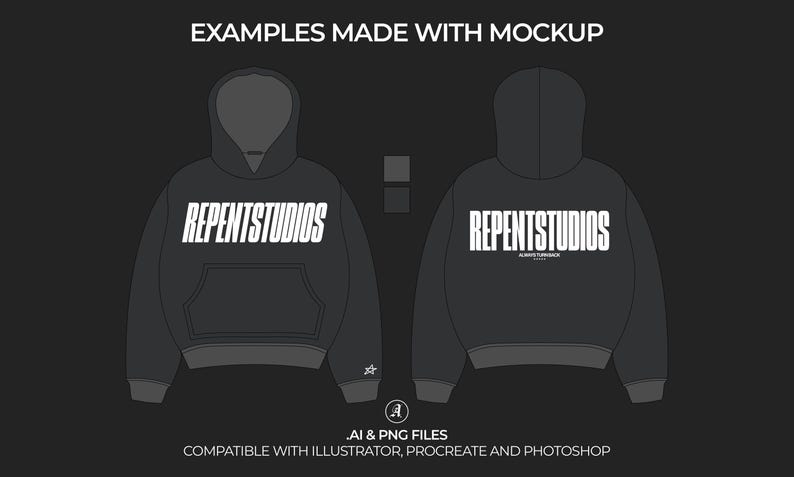 Puede incluir: Una maqueta de sudadera con capucha negra con el texto "REPENTSTUDIOS" en blanco en la parte delantera y trasera. La sudadera tiene una capucha con cord&oacute;n y un bolsillo canguro.