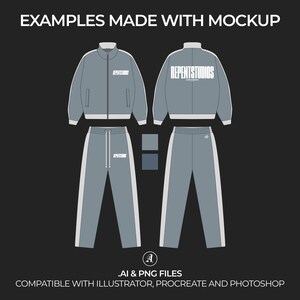 May include: A gray tracksuit with white accents. The jacket has a zipper closure and the pants have a drawstring waist. The jacket has the text "REPENTSTUDIOS" printed on the front.