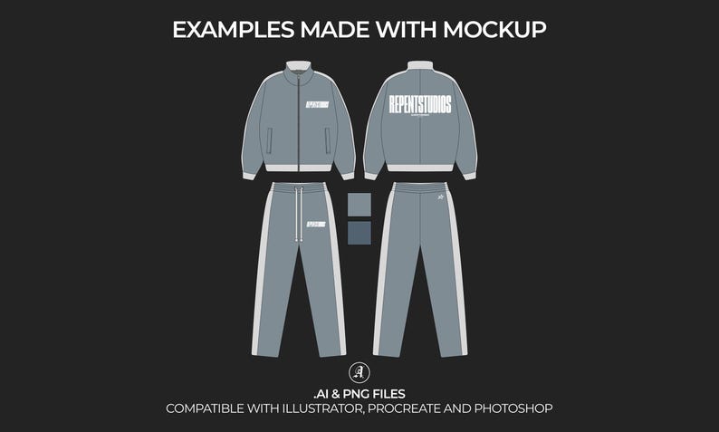 May include: A gray tracksuit with white accents. The jacket has a zipper closure and the pants have a drawstring waist. The jacket has the text "REPENTSTUDIOS" printed on the front.