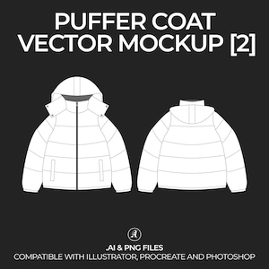 Può includere: Un giubbotto imbottito bianco con cappuccio, mostrato frontalmente e posteriormente. Il giubbotto ha una chiusura con cerniera e diverse tasche. L'immagine è un mockup vettoriale.