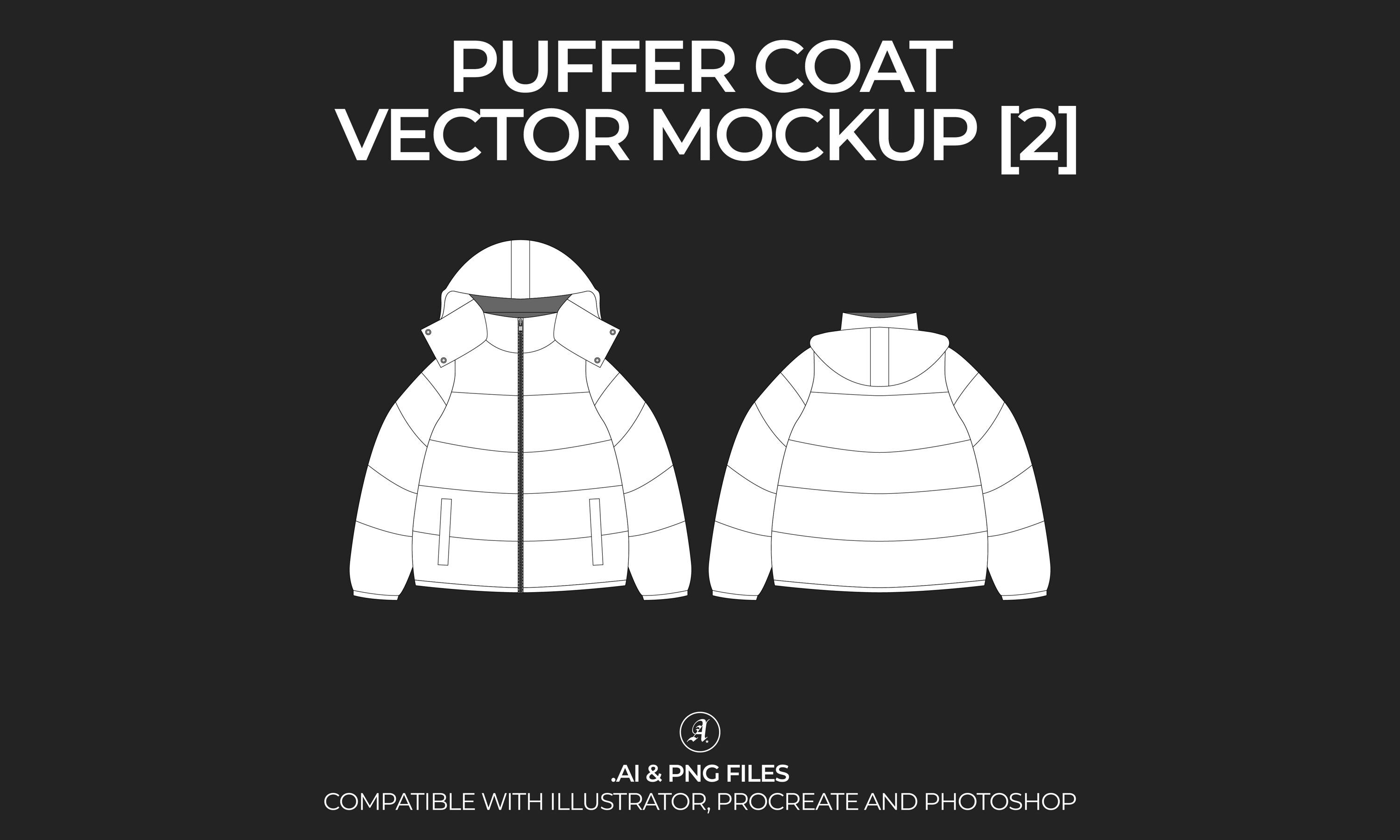Hooded Puffer Coat Vector Mockup: Fashion Tech Pack (Digital File)
