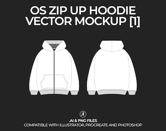 Oversized Zip-Up Hoodie Vector Mockup Streetwear and Fashion Tech Pack Illustrator Technical Drawing Template Design - Digital File