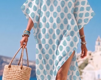 Vestido caftán estampado, vestido largo de verano, ropa de resort de estilo griego, vestido de playa oversize con escote en V, vestido de playa.