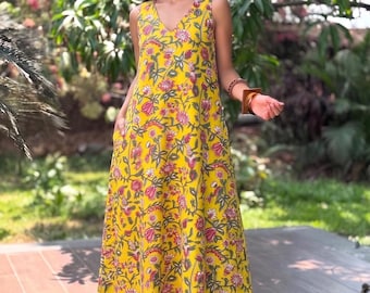 Abito lungo con stampa floreale a blocchi, abito estivo boho in cotone, abito lungo senza maniche con scollo a V e linea ad A, abito indiano con tasche