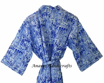 Indian Anokhi Print Block Printed Cotton Quilted Bathrobe- Beach Cover up For Womens- Hand Block Print Kimono For Her- Birthday Presents