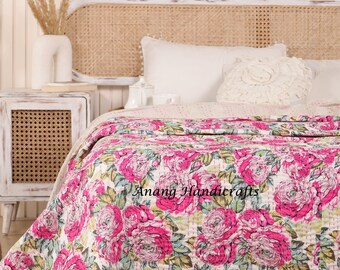 White Pink  Floral Shrub Blossom Border Kantha Quilts- Jaipuri Famous Queen Size Quilt- Pur Cotton Bedspread- Affordable Gifts For Her