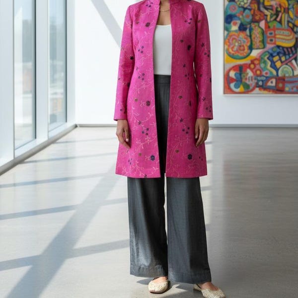 Handwoven Dupioni Silk Floral Jacket, Embroidered Indian Coat