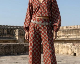Hand Block Print Cotton Co-ord Set, 2-Piece Indo Western Boho Set, V-Neck Balloon Sleeve Crop Top & High Waist Wide Leg Trousers