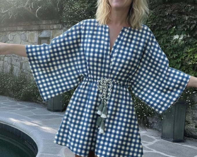Abito caftano da donna, completo con maniche a kimono corte, abito stile boho da crociera, mini abito in cotone