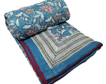 Gorgeous Blue Color Hand Block Printed Cotton Quilt- Light Weight Winter Reversible Razai- Coverlet Quilt Blanket 100% Cotton- Wedding