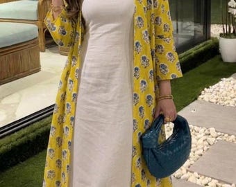 Hand Block Print Floral Kimono, Bohemian Summer Outfit, Modest Resort Wear, Open Abaya Style Duster, Long Cotton Summer Shrug