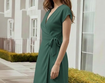 調節可能なリネンラップドレス、半袖Vネックサマーチュニックドレス、コットンミニドレス、サステナブルな服、ハンドメイドトップス