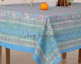 Floral Indian Hand Block Printed Rectangle Tablecloth- Cotton Boho Table Set Decor- Cotton Table Cover Linen Mats- Gift For Housewarming