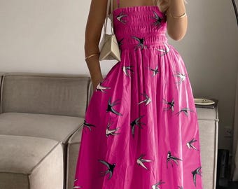 Summer Maxi Dress, Smocked Bodice Sun Dress, Cotton Beach Dress, Sleeveless Boho Midi, Tropical Vacation Outfit, Handmade Dress