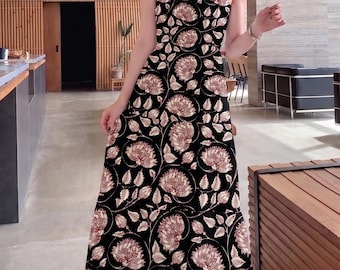 Floral Block Print Maxi Dress, Tiered Cotton Sundress, Spaghetti Maxi, Boho Summer Long Dress, Vacation Resort Wear