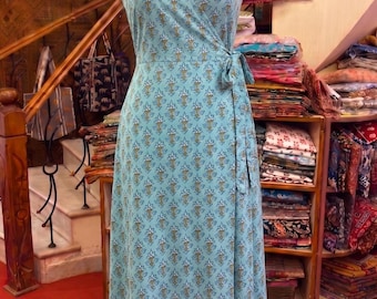 Hand Block Floral Print Cotton Wrap Dress- Boho Sleeveless Midi Dress- Morning Wear