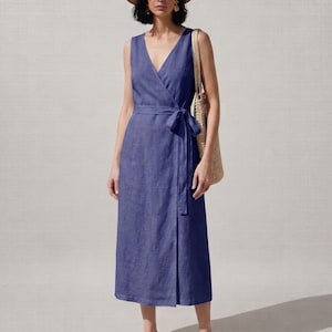 Pure Linen Wrap Dress, Summer Midi Dress, Sleeveless V-Neck Sun Dress, Sustainable Clothing, Summer Wrap, Beach Cover Up