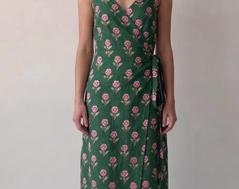 Floral Wrap Midi Dress, Sleeveless V-Neck Summer Dress, Block Print Beach Dress, Adjustable Waist Cotton Sundress, Gifts for Her