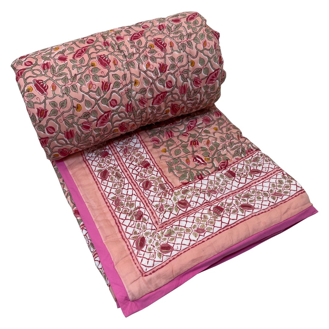 New Indian Cotton Reversible Twin Size Quilt Hand Block Print Coverlet