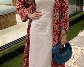 Hand Block Print Floral Kimono, Bohemian Summer Outfit, Modest Resort Wear, Open Abaya Style Duster, Long Cotton Summer Shrug