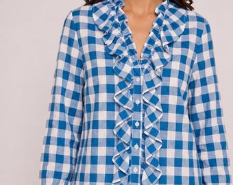 Blusa azul de cuadros con volantes, top de manga larga estilo vintage, camisa de algodón con cuello en V estilo cottagecore, top de mujer con estampado personalizado.