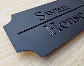 Personalized House Number Sign: Black & Silver Acrylic, 'Swan House' Style