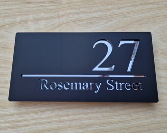 House Number Name Sign  | Style "Rosemary Street" | Matt Black & Silver Mirror Acrylic