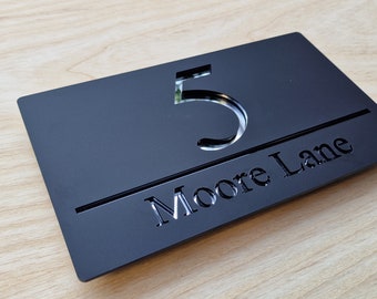 House Number Name Sign  | Style "Moore Lane" | Matt Black & Silver Mirror Acrylic