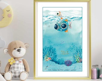 Oceanic Submarine Nursery Print, Underwater Submarine Adventure Print,  Submarine Voyage Printable Art for Kids, Submarine Exploration Art