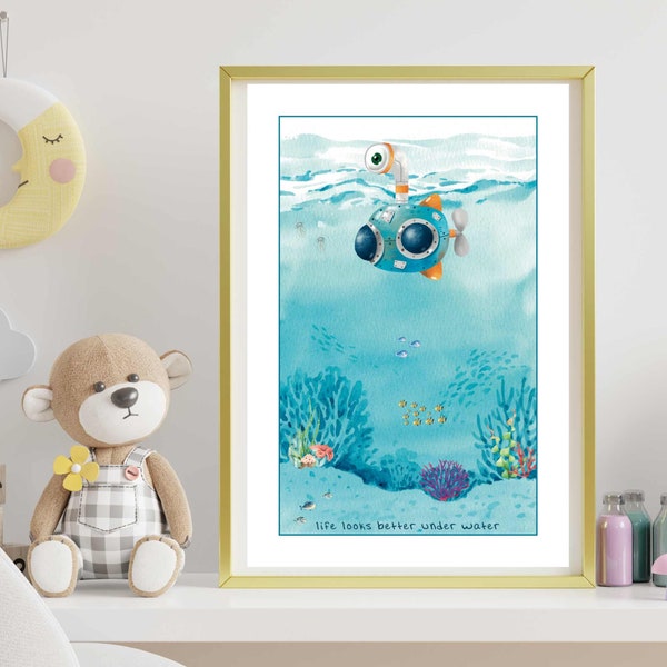 Oceanic Submarine Nursery Print, Underwater Submarine Adventure Print,  Submarine Voyage Printable Art for Kids, Submarine Exploration Art