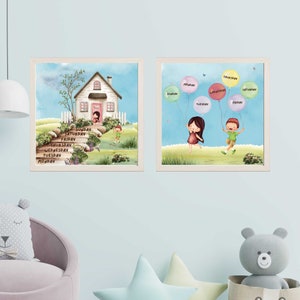 Días de la semana acuarela imprimible arte de pared para niños, conjunto de 2, cartel de días, arte educativo, niño Montessori, decoración de la pared de la guardería