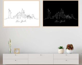 New York City Skyline Line Art Prints Set of 2, Minimalist NYC Skyline Duo, Modern Line Art Prints, Black & White Prints, City Silhouette