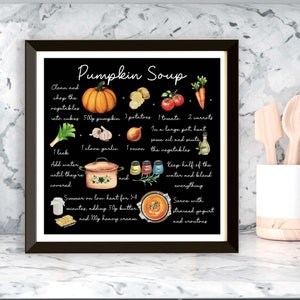 Receita de sopa de abóbora de outono arte de parede para impressão, impressão de abóbora, decoração de parede de cozinha, pôster de cozinha, decoração de outono, pôster de outono, download instantâneo