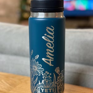 Laser Engraved Yeti Rambler - 26oz, 36oz or 46oz Customized with flowers and your name.