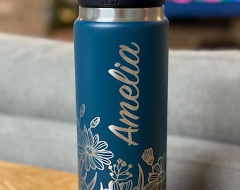 Laser Engraved Yeti Rambler - 26oz, 36oz or 46oz Customized with flowers and your name.