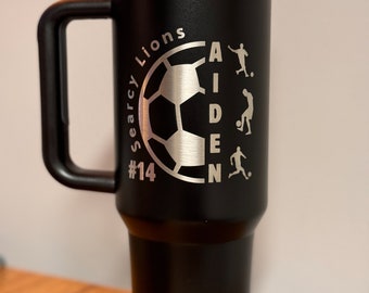 Mens / Boys Soccer Custom 40oz Tumbler with athlete's name, number and school or team name professionally laser engraved.