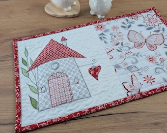 2 Becher Teppich, Mug Rug, Frühling, Tischset, Haus Applikation, Tassen Untersetzer, Patchwork, Platzdeckchen, Kaffeetisch, Häuser