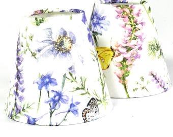 Floral Linen Candle Clip Lampshade: Butterfly Meadow on White Background. Small/Chandelier Shade