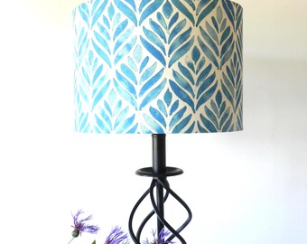 Handmade Watercolour Leaves Lampshade: Blue and Natural Linen Drum Shade