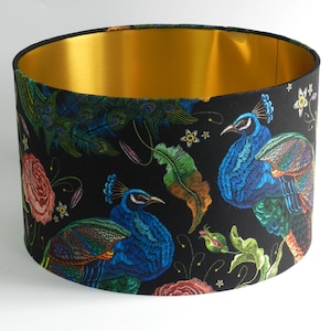 Velvet Lampshade: Peacock & Roses Design with Gold Lining