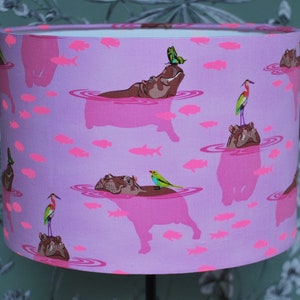 Handmade Whimsical Hippopotamus Lampshade, Tula Pink Lampshade, Drum Lampshade, Hippo Lampshade, Animal Lampshade,  Lampshade, Home Decor