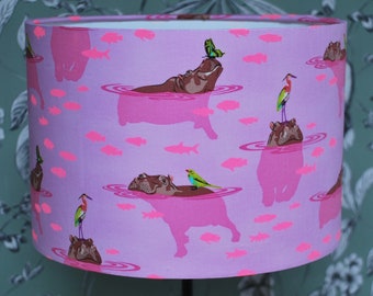 Handmade Whimsical Hippopotamus Lampshade, Tula Pink Lampshade, Drum Lampshade, Hippo Lampshade, Animal Lampshade,  Lampshade, Home Decor