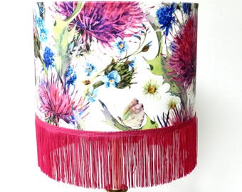 Velvet Floral Lampshade: Pink Floral Thistles on White,  Optional Fringe, Gold Lining
