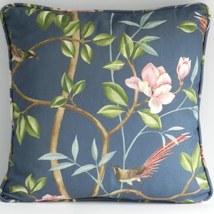 Blue Cushion Cover - Mini Ling Chinoiserie Bird & Blossom on Midnight Blue - Cotton Cushion Cover - Eclectic style cushion