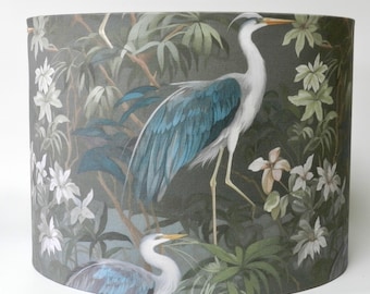 Handmade Heron Lampshade: Nature Inspired Table/Pendant Light. Blue and Green Tones, Optional Fringe