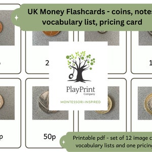 Moneda del Reino Unido: vocabulario y tarjetas Montessori con fotografías reales