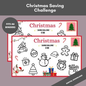 May include: A printable Christmas saving challenge chart with a red border and a pink background. The chart features a variety of Christmas-themed illustrations, including a Christmas tree, a snowman, a gingerbread man, and a candy cane. The chart is designed to help people save money for Christmas.