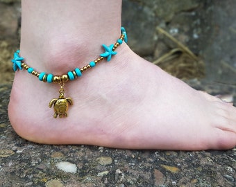 Turtle Anklet,  Boho Anklet, Golden Anklet, Foot Jewelry, colorful ankle bracelet, beach ankle bracelet, Gift for Her, Beaded anklet  026